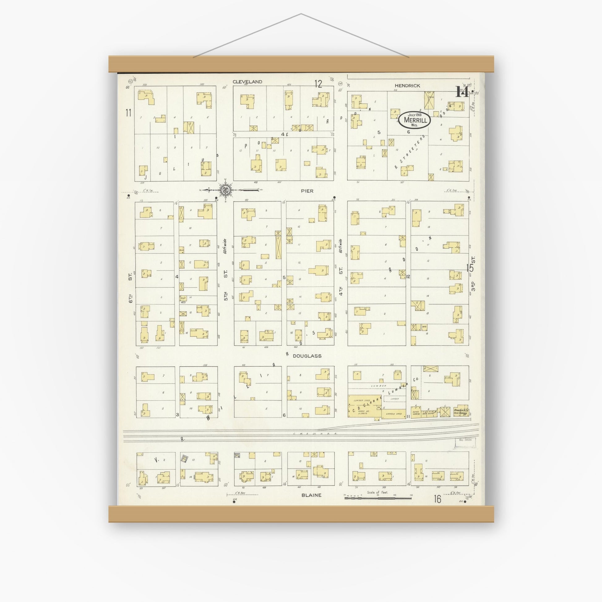 Old map wall art mockup — magnetic wood frame on white wall — Sanborn Fire Insurance Map from Merrill, Lincoln County, Wisconsin (1913), Sheet #0014