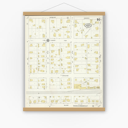 Old map wall art mockup — magnetic wood frame on white wall — Sanborn Fire Insurance Map from Merrill, Lincoln County, Wisconsin (1913), Sheet #0014