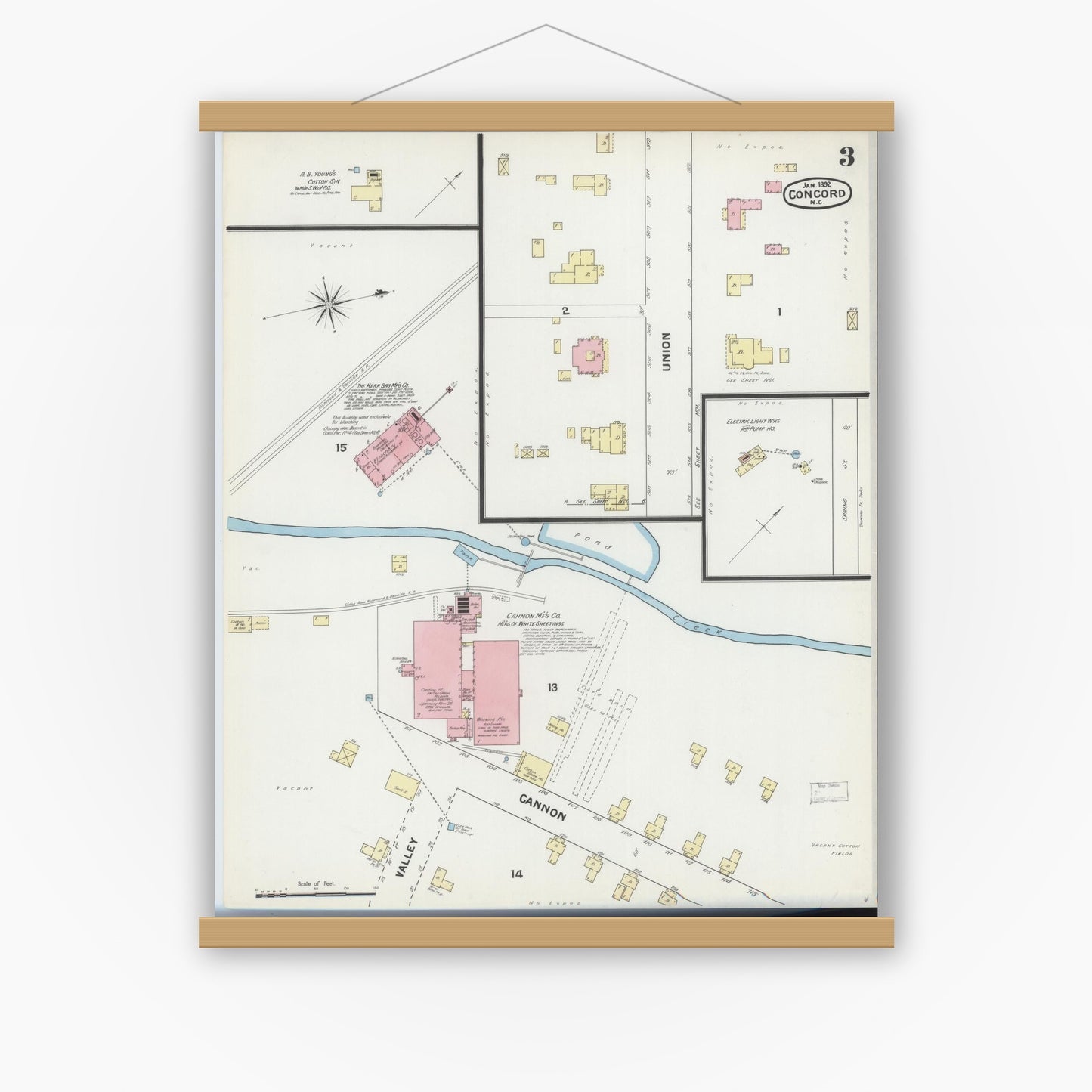 Old map wall art mockup — magnetic wood frame on white wall — Sanborn Fire Insurance Map from Concord, Cabarrus County, North Carolina (1892), Sheet #0003
