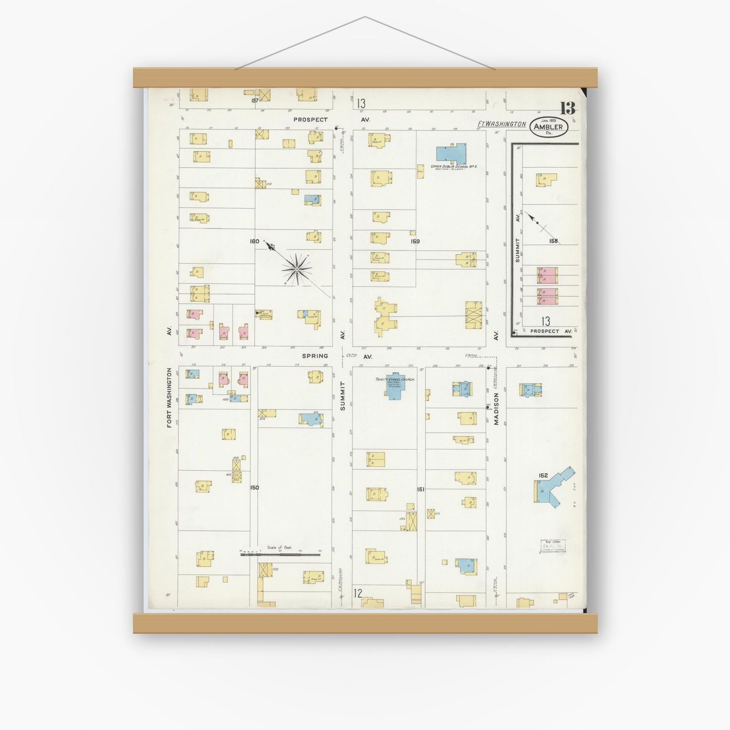 Old map wall art mockup — magnetic wood frame on white wall — Sanborn Fire Insurance Map from Ambler, Montgomery County, Pennsylvania (1909), Sheet #0013