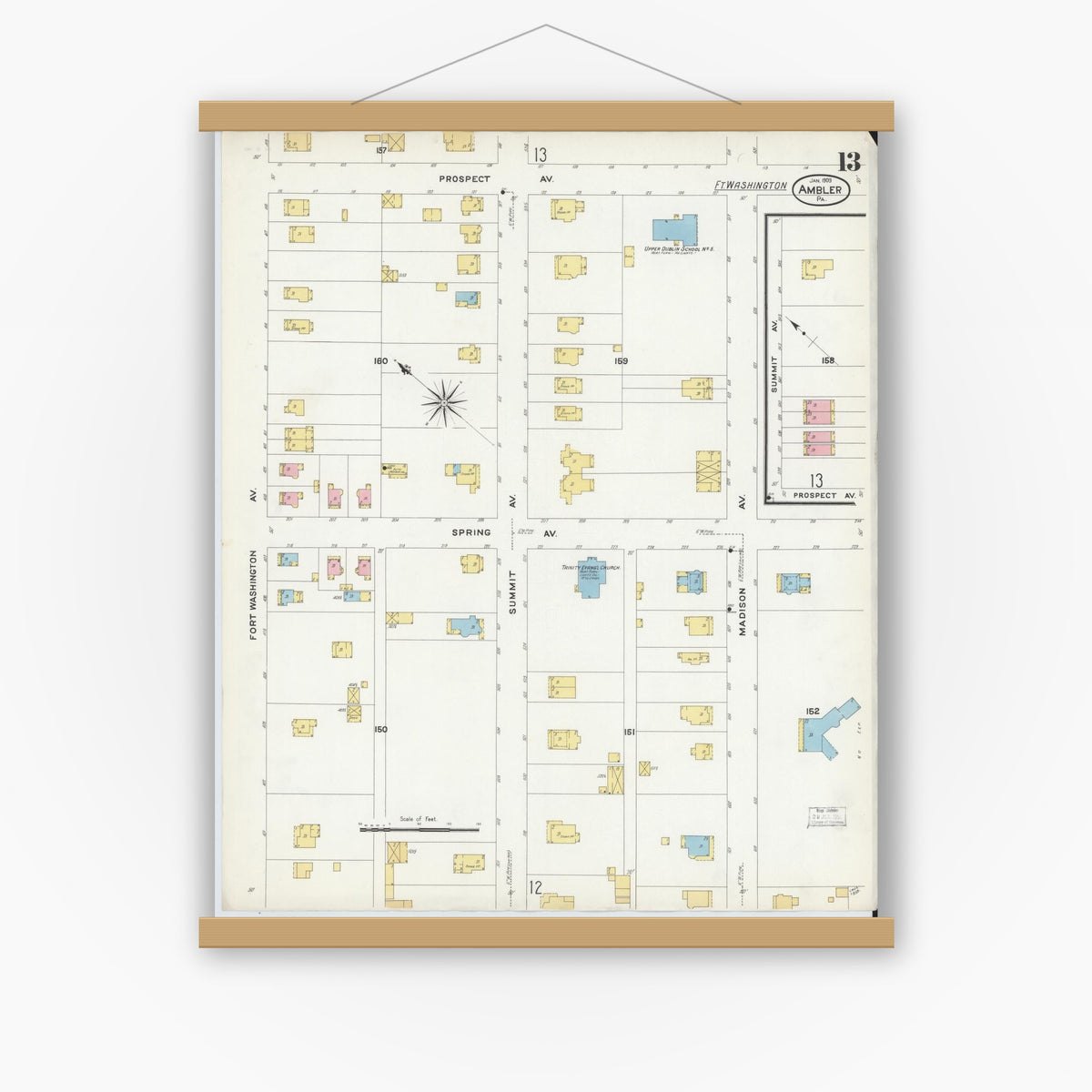 Old map wall art mockup — magnetic wood frame on white wall — Sanborn Fire Insurance Map from Ambler, Montgomery County, Pennsylvania (1909), Sheet #0013