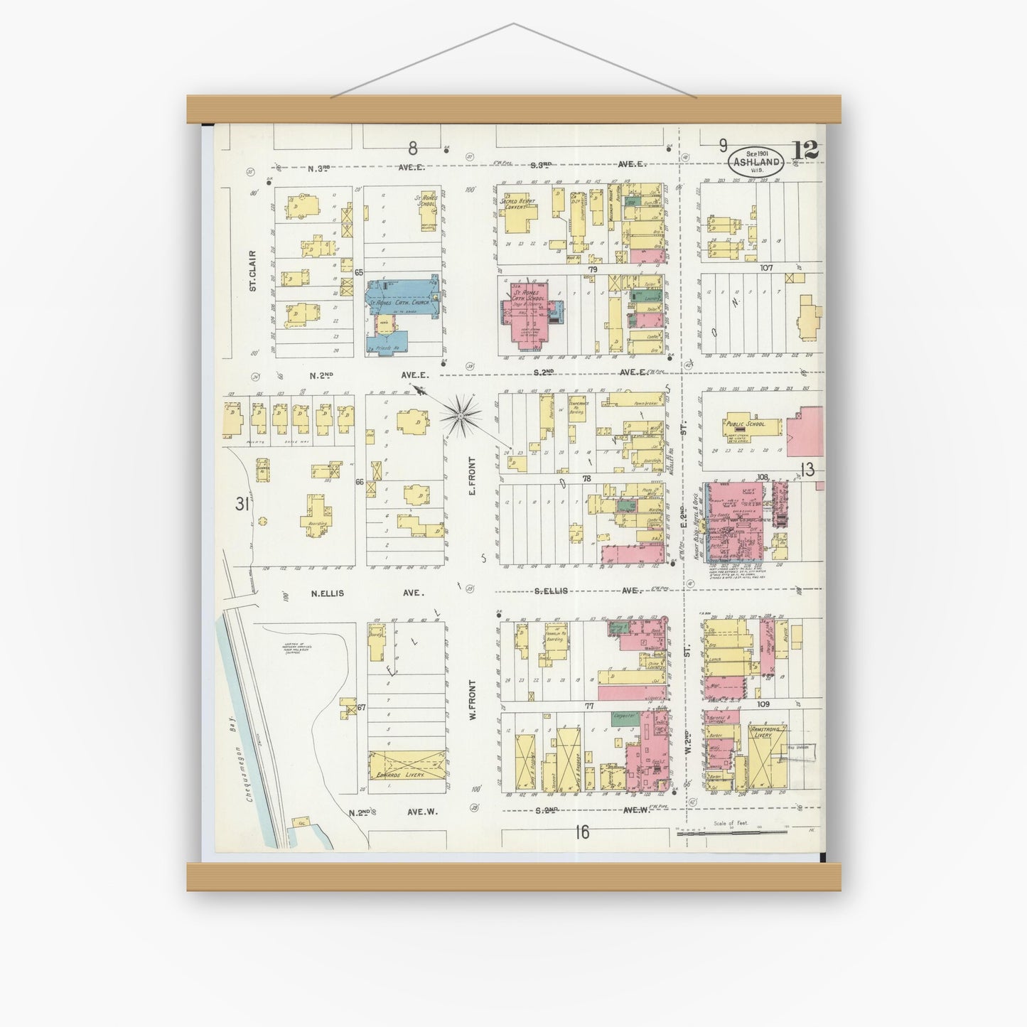 Old map wall art mockup — magnetic wood frame on white wall — Sanborn Fire Insurance Map from Ashland, Ashland County, Wisconsin (1901), Sheet #0012