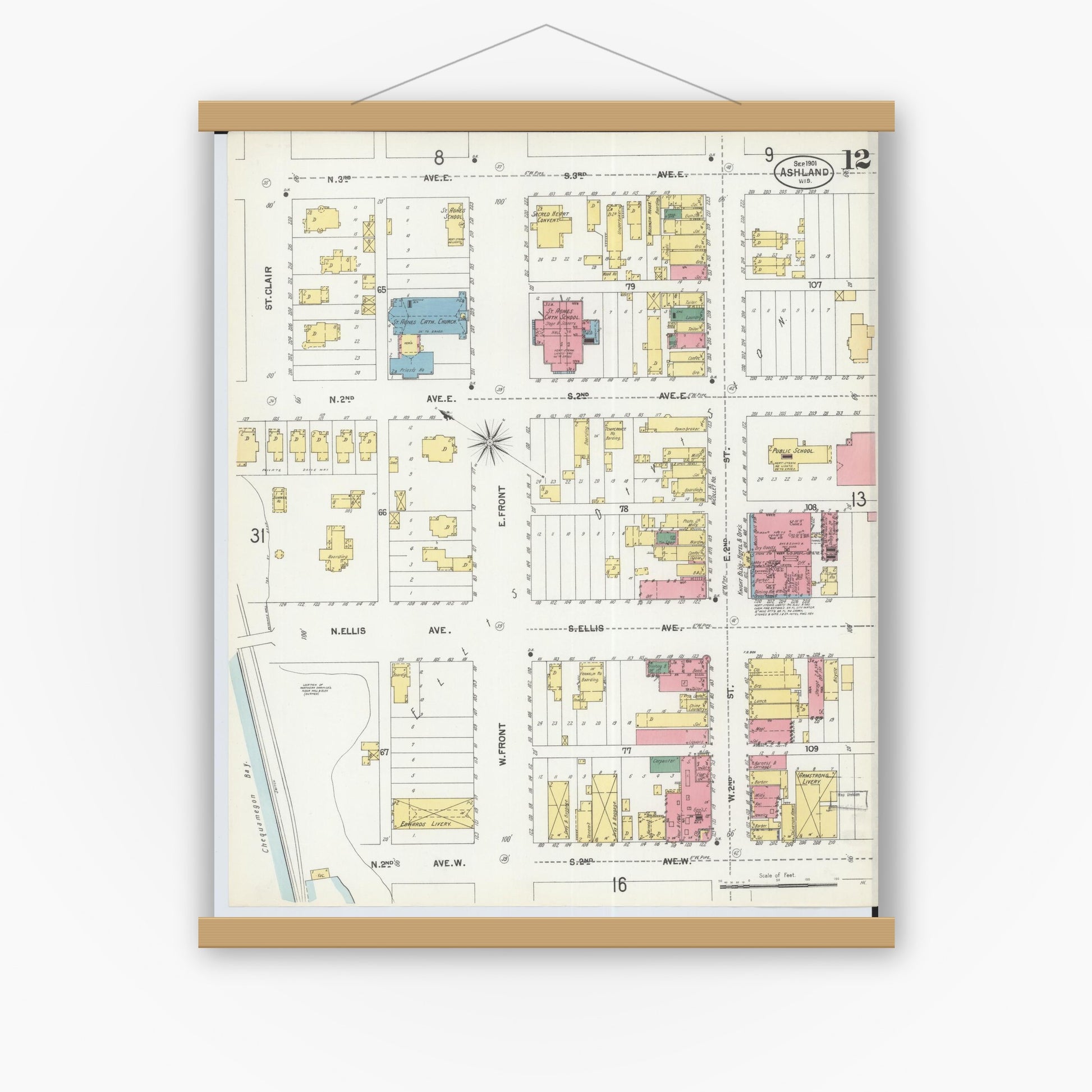 Old map wall art mockup — magnetic wood frame on white wall — Sanborn Fire Insurance Map from Ashland, Ashland County, Wisconsin (1901), Sheet #0012
