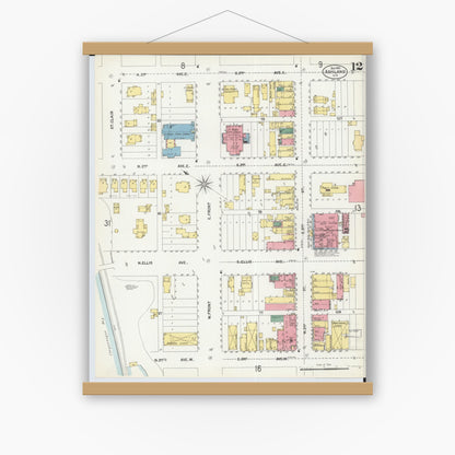 Old map wall art mockup — magnetic wood frame on white wall — Sanborn Fire Insurance Map from Ashland, Ashland County, Wisconsin (1901), Sheet #0012