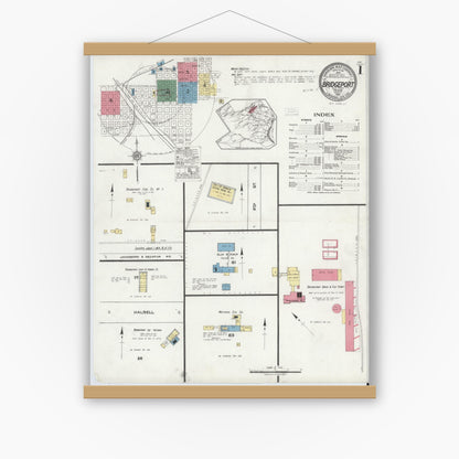 Old map wall art mockup — magnetic wood frame on white wall — Sanborn Fire Insurance Map from Bridgeport, Wise County, Texas (1921), Sheet #0001