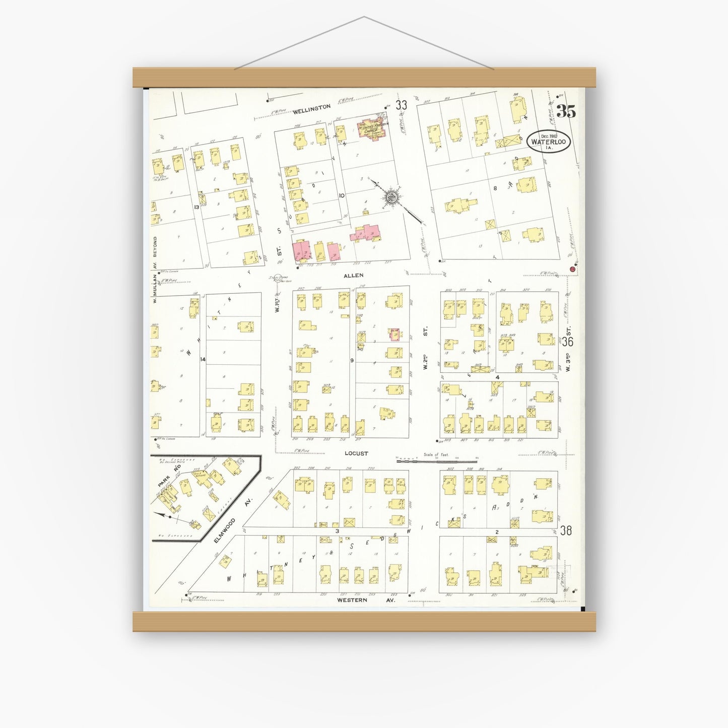 Old map wall art mockup — magnetic wood frame on white wall — Sanborn Fire Insurance Map from Waterloo, Black Hawk County, Iowa (1910), Sheet #0035