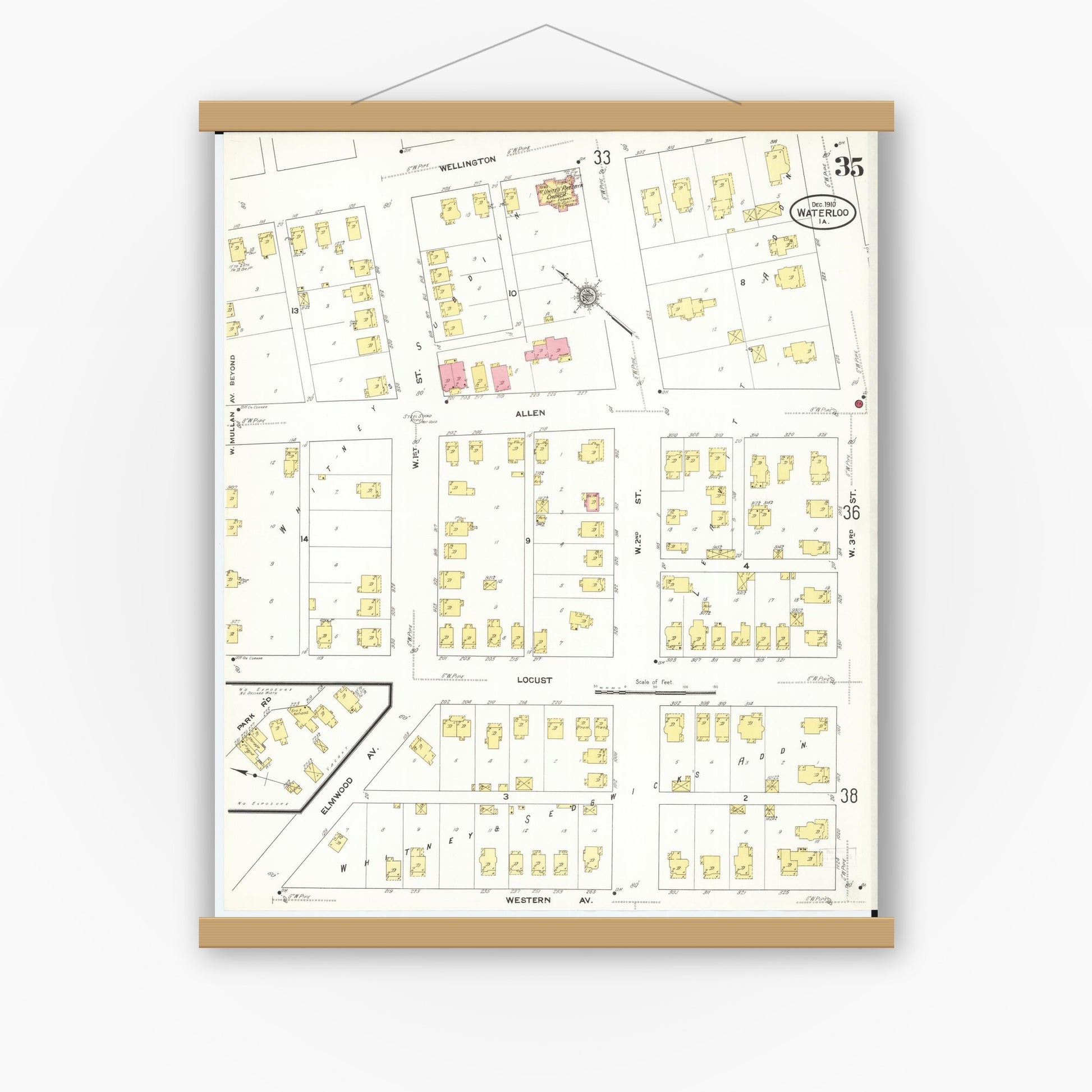 Old map wall art mockup — magnetic wood frame on white wall — Sanborn Fire Insurance Map from Waterloo, Black Hawk County, Iowa (1910), Sheet #0035