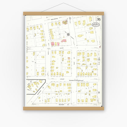 Old map wall art mockup — magnetic wood frame on white wall — Sanborn Fire Insurance Map from Waterloo, Black Hawk County, Iowa (1910), Sheet #0035