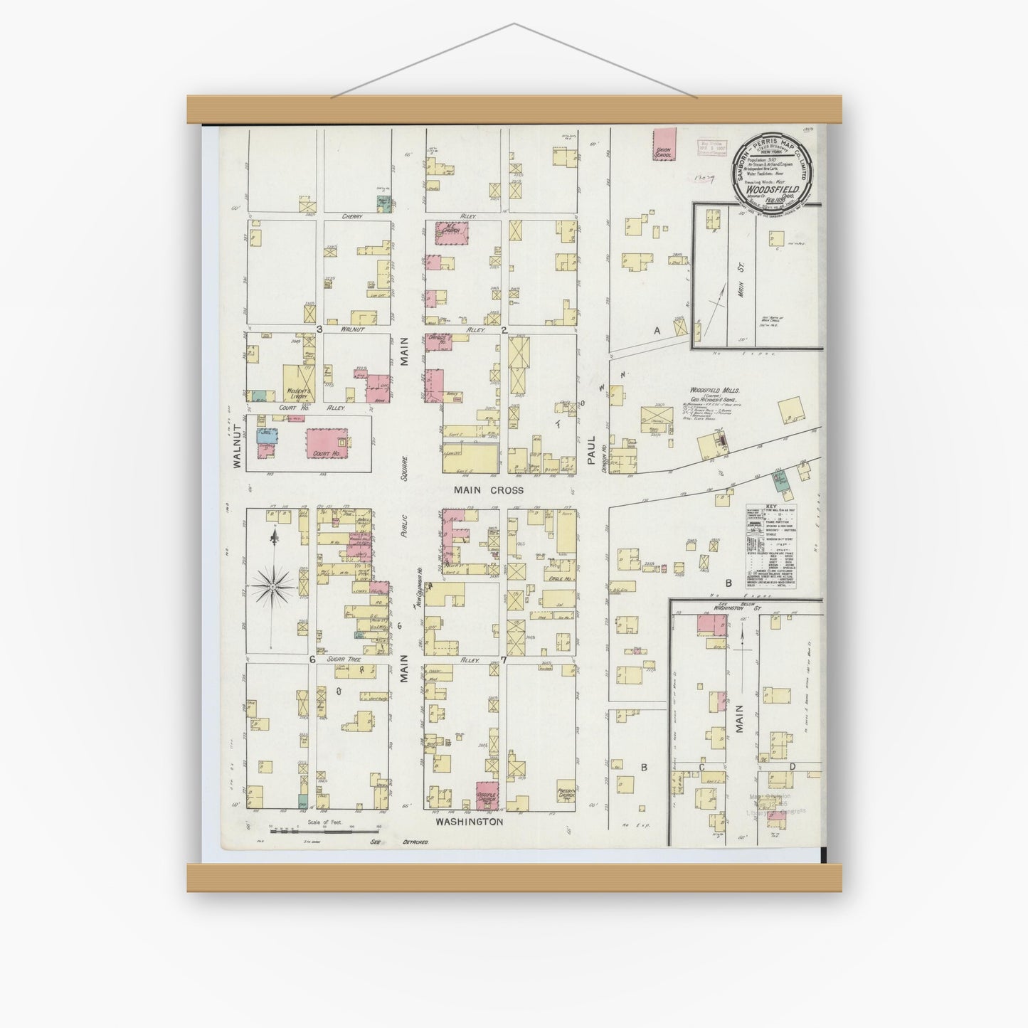 Old map wall art mockup — magnetic wood frame on white wall — Sanborn Fire Insurance Map from Woodsfield, Monroe County, Ohio (1893), Sheet #0001