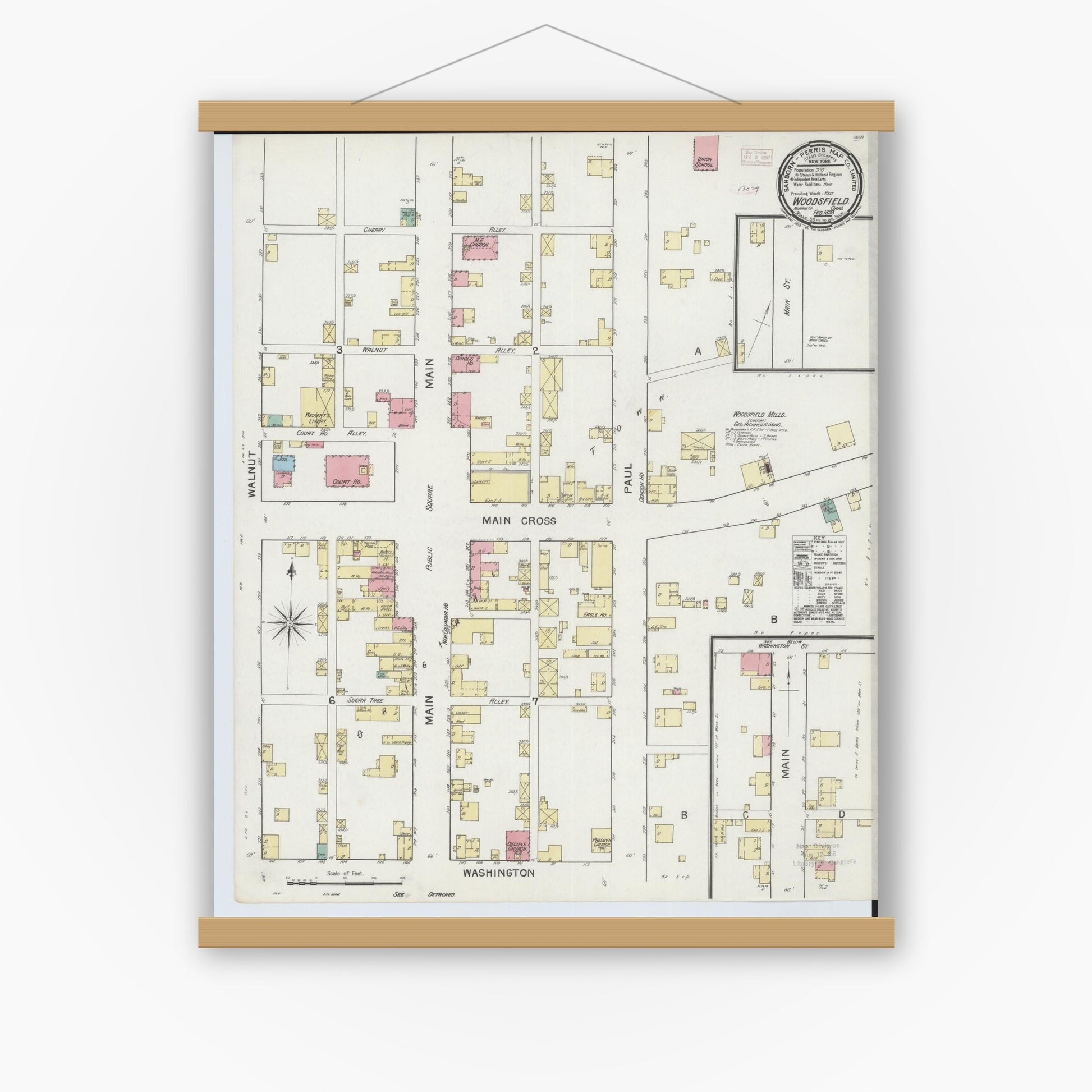 Old map wall art mockup — magnetic wood frame on white wall — Sanborn Fire Insurance Map from Woodsfield, Monroe County, Ohio (1893), Sheet #0001