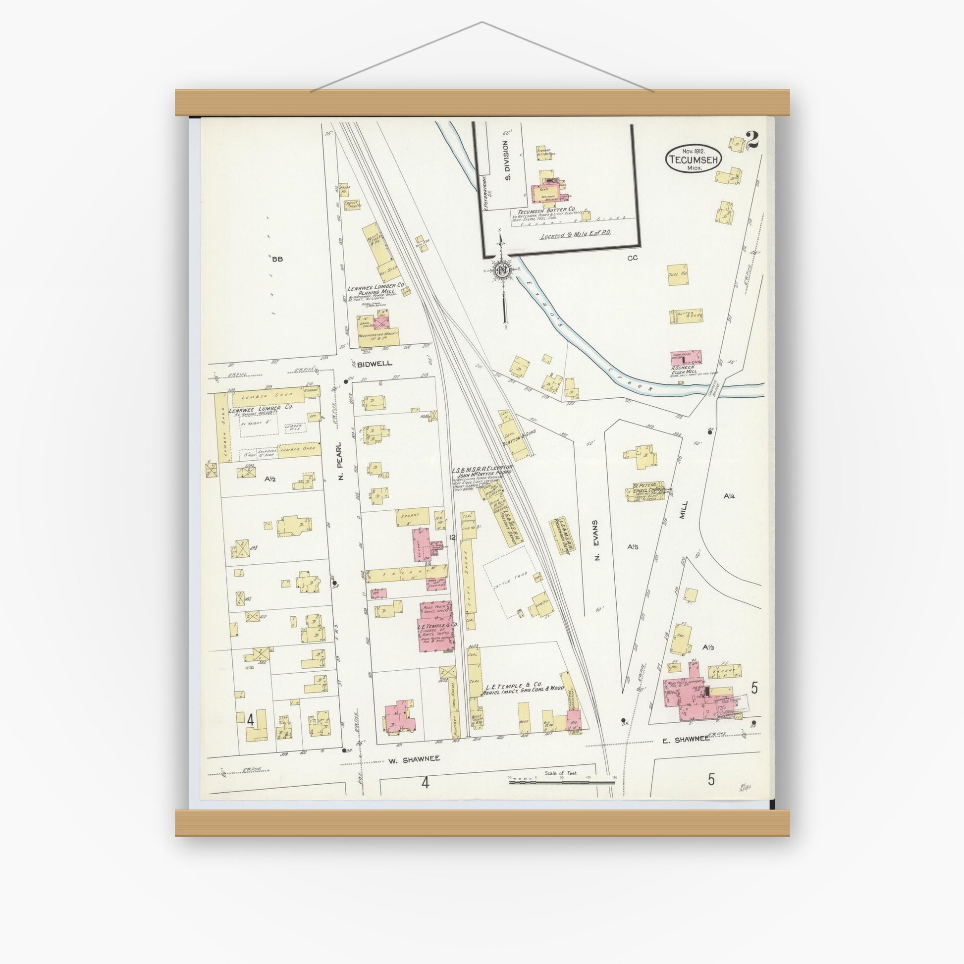 Old map wall art mockup — magnetic wood frame on white wall — Sanborn Fire Insurance Map from Tecumseh, Lenawee County, Michigan (1912), Sheet #0002