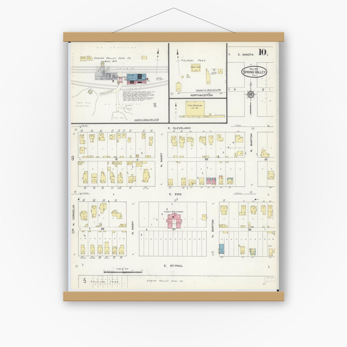 Old map wall art mockup — magnetic wood frame on white wall — Sanborn Fire Insurance Map from Spring Valley, Bureau County, Illinois (1913), Sheet #0010