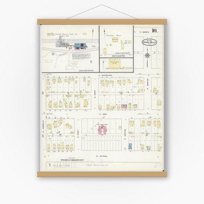 Old map wall art mockup — magnetic wood frame on white wall — Sanborn Fire Insurance Map from Spring Valley, Bureau County, Illinois (1913), Sheet #0010