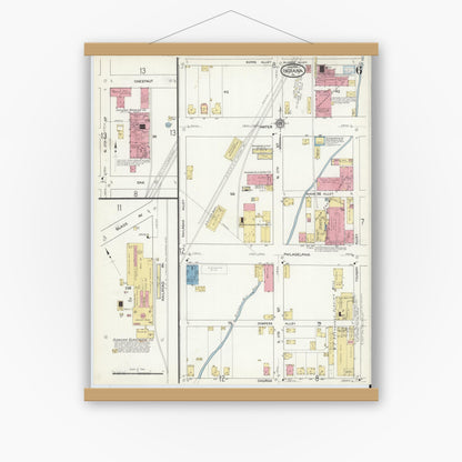 Old map wall art mockup — magnetic wood frame on white wall — Sanborn Fire Insurance Map from Indiana, Indiana County, Pennsylvania (1916), Sheet #0006