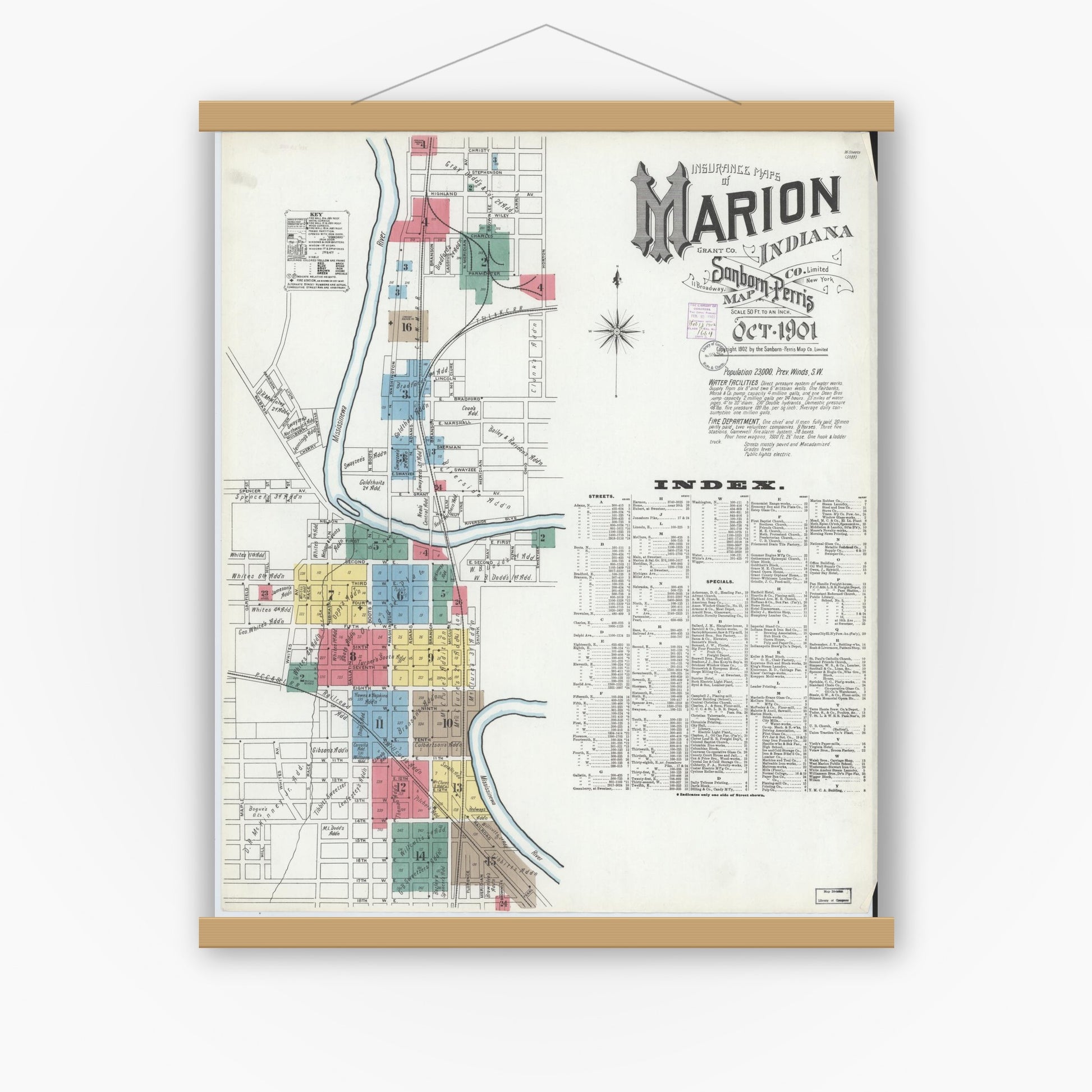 Old map wall art mockup — magnetic wood frame on white wall — Sanborn Fire Insurance Map from Marion, Grant County, Indiana (1901), Sheet #0001