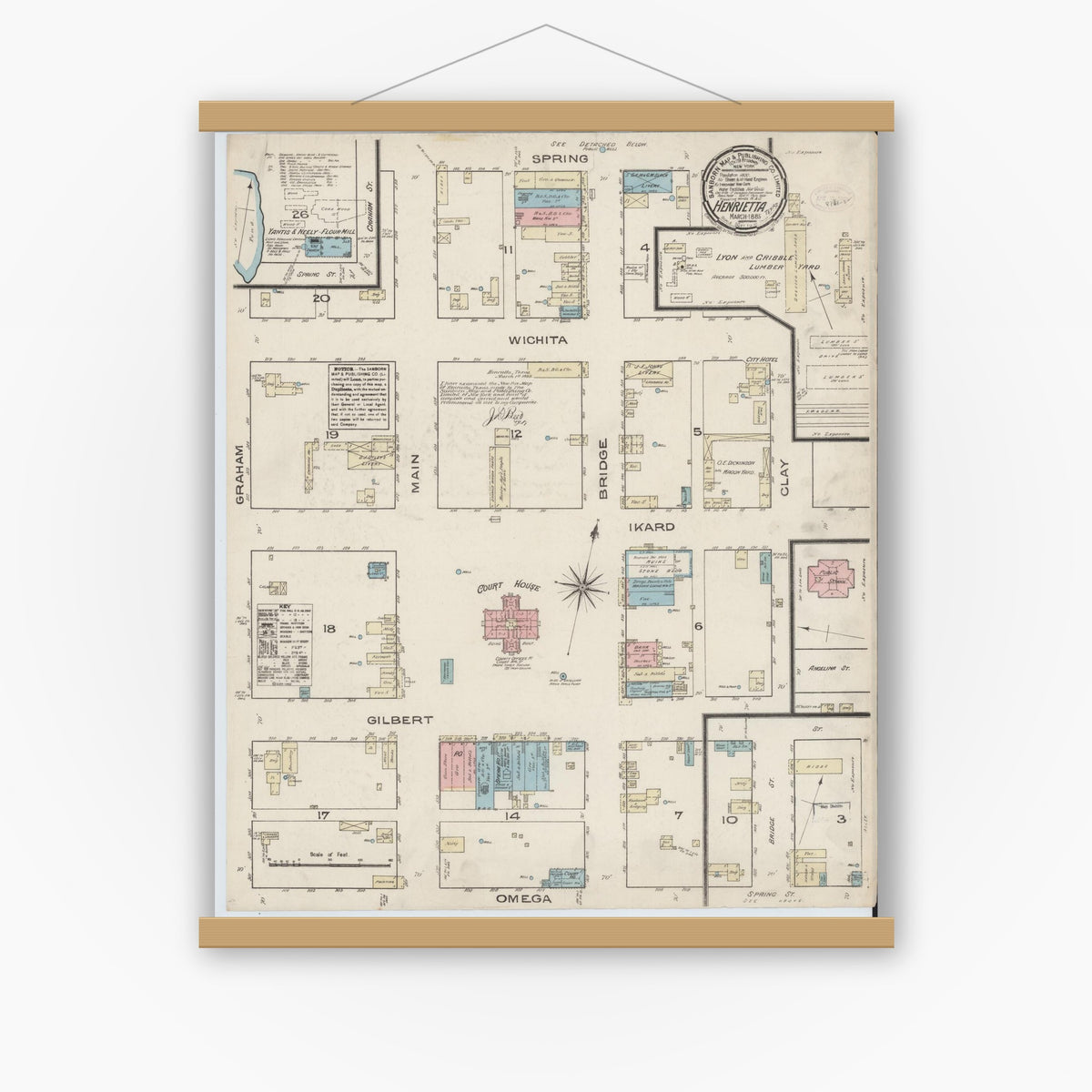 Old map wall art mockup — magnetic wood frame on white wall — Sanborn Fire Insurance Map from Henrietta, Clay County, Texas (1885), Sheet #0001