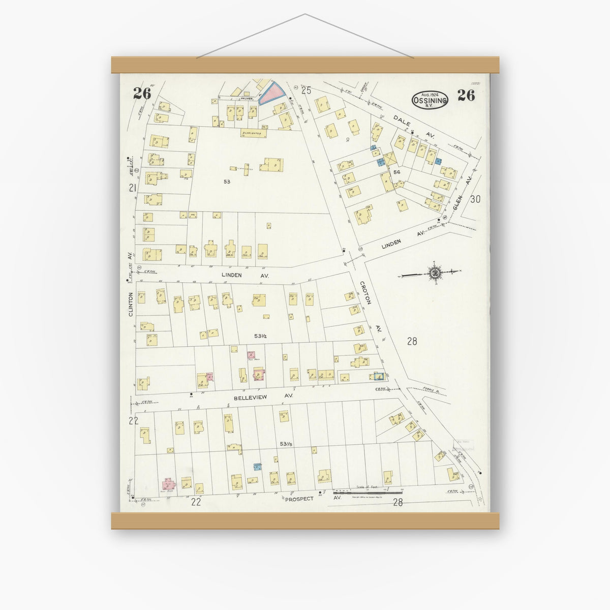Old map wall art mockup — magnetic wood frame on white wall — Sanborn Fire Insurance Map from Ossining, Westchester County, New York (1924), Sheet #0026