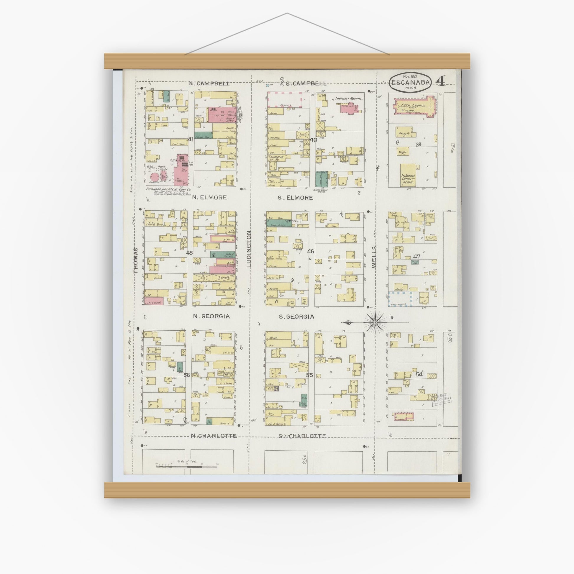 Old map wall art mockup — magnetic wood frame on white wall — Sanborn Fire Insurance Map from Escanaba, Delta County, Michigan (1893), Sheet #0004