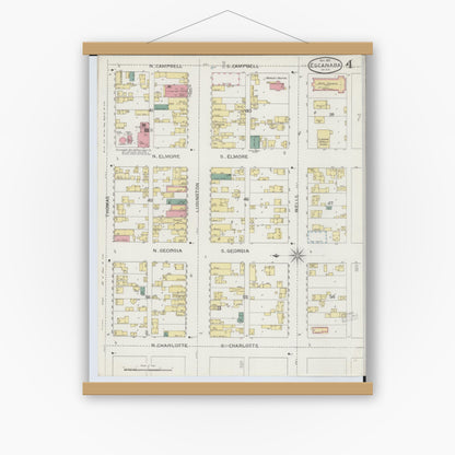 Old map wall art mockup — magnetic wood frame on white wall — Sanborn Fire Insurance Map from Escanaba, Delta County, Michigan (1893), Sheet #0004
