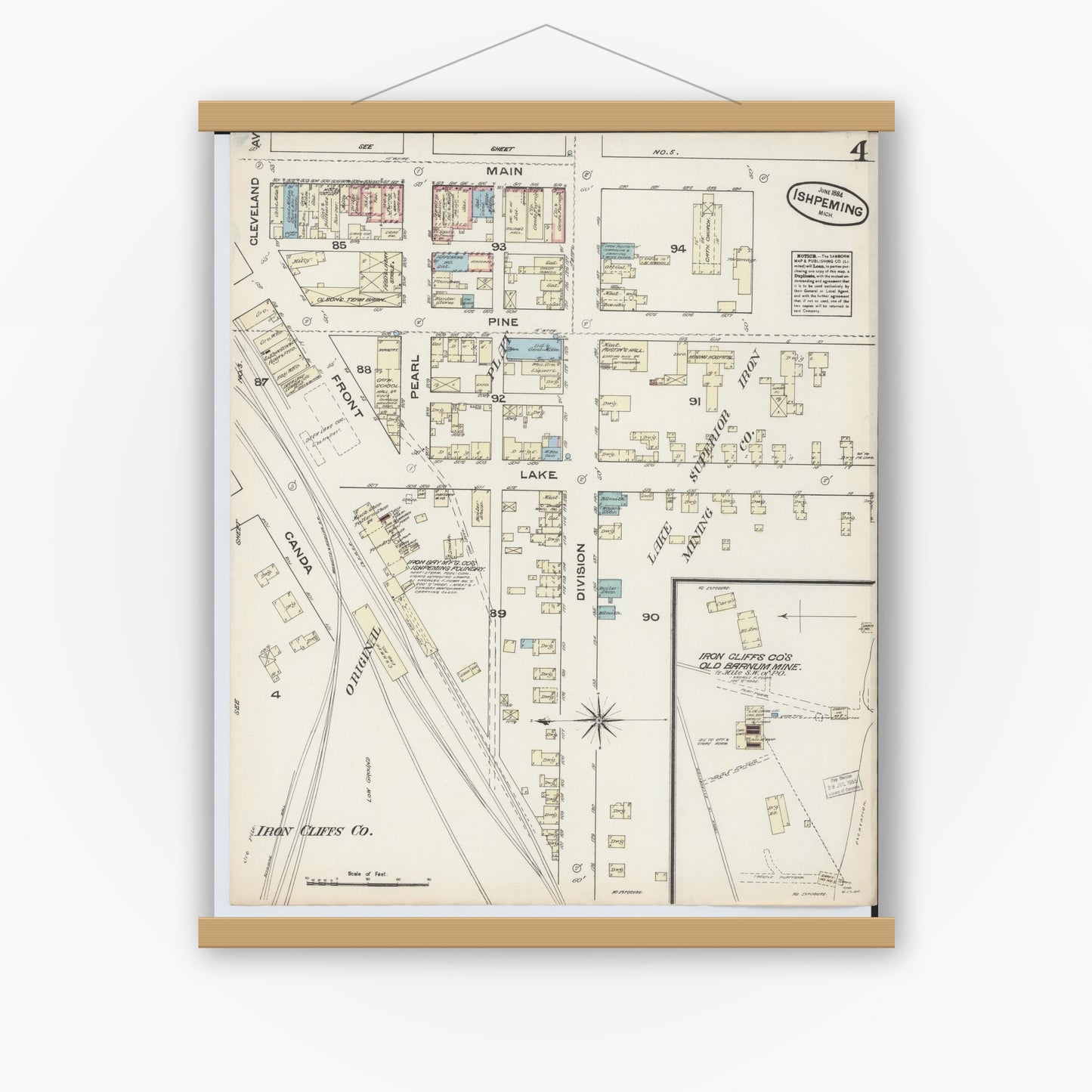 Old map wall art mockup — magnetic wood frame on white wall — Sanborn Fire Insurance Map from Ishpeming, Marquette County, Michigan (1884), Sheet #0004
