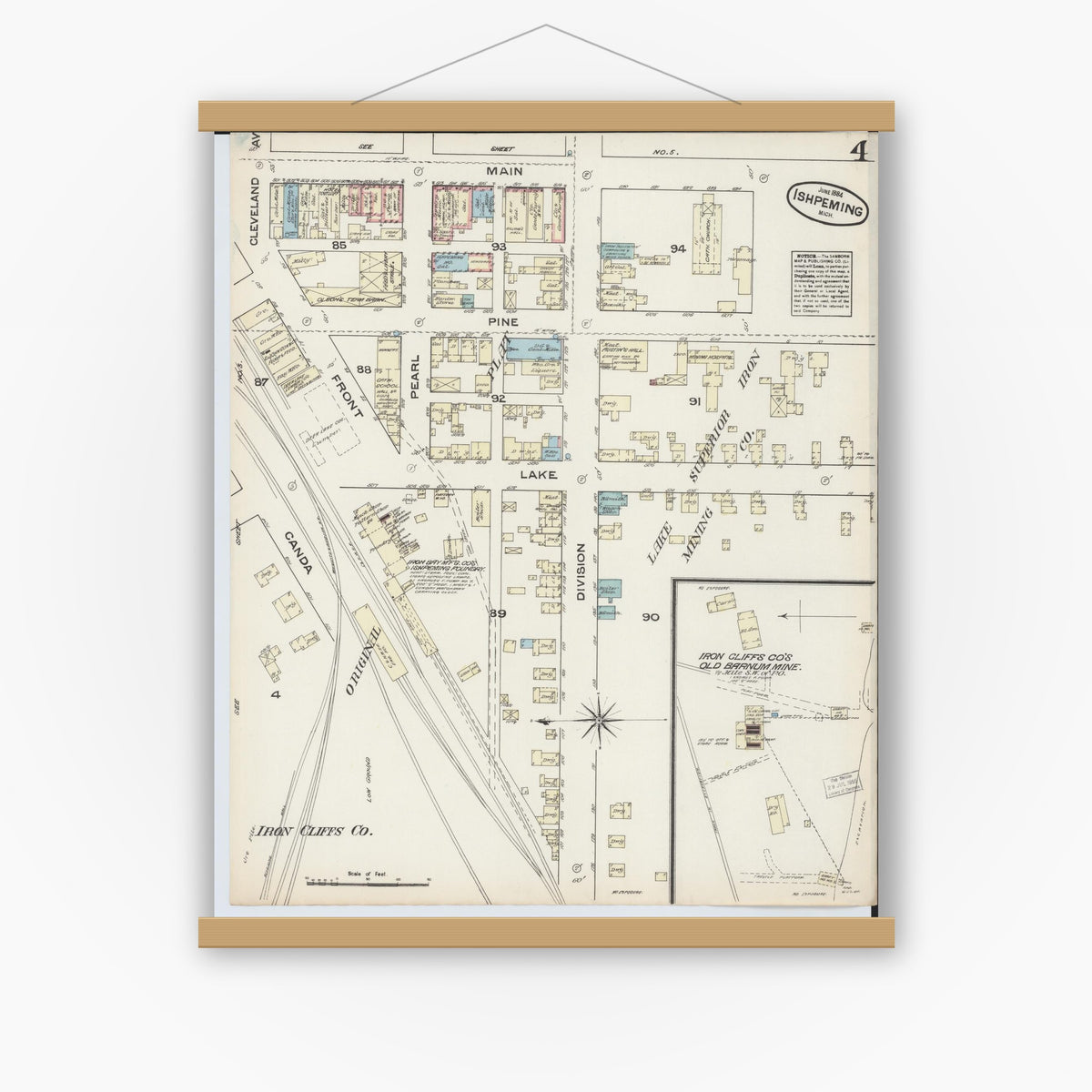 Old map wall art mockup — magnetic wood frame on white wall — Sanborn Fire Insurance Map from Ishpeming, Marquette County, Michigan (1884), Sheet #0004