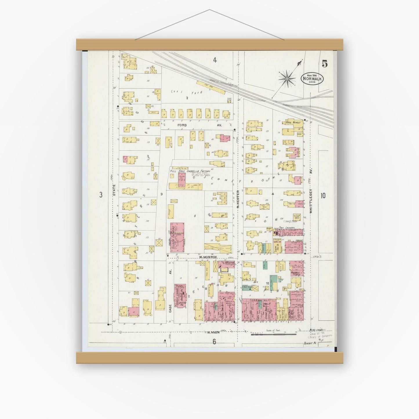 Old map wall art mockup — magnetic wood frame on white wall — Sanborn Fire Insurance Map from Norwalk, Huron County, Ohio (1906), Sheet #0005