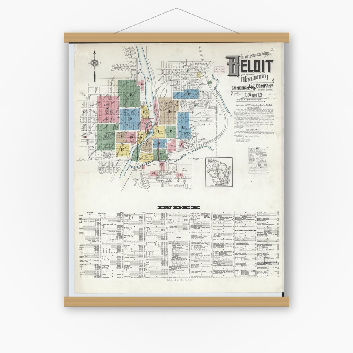Old map wall art mockup — magnetic wood frame on white wall — Sanborn Fire Insurance Map from Beloit, Rock County, Wisconsin (1915), Sheet #0001