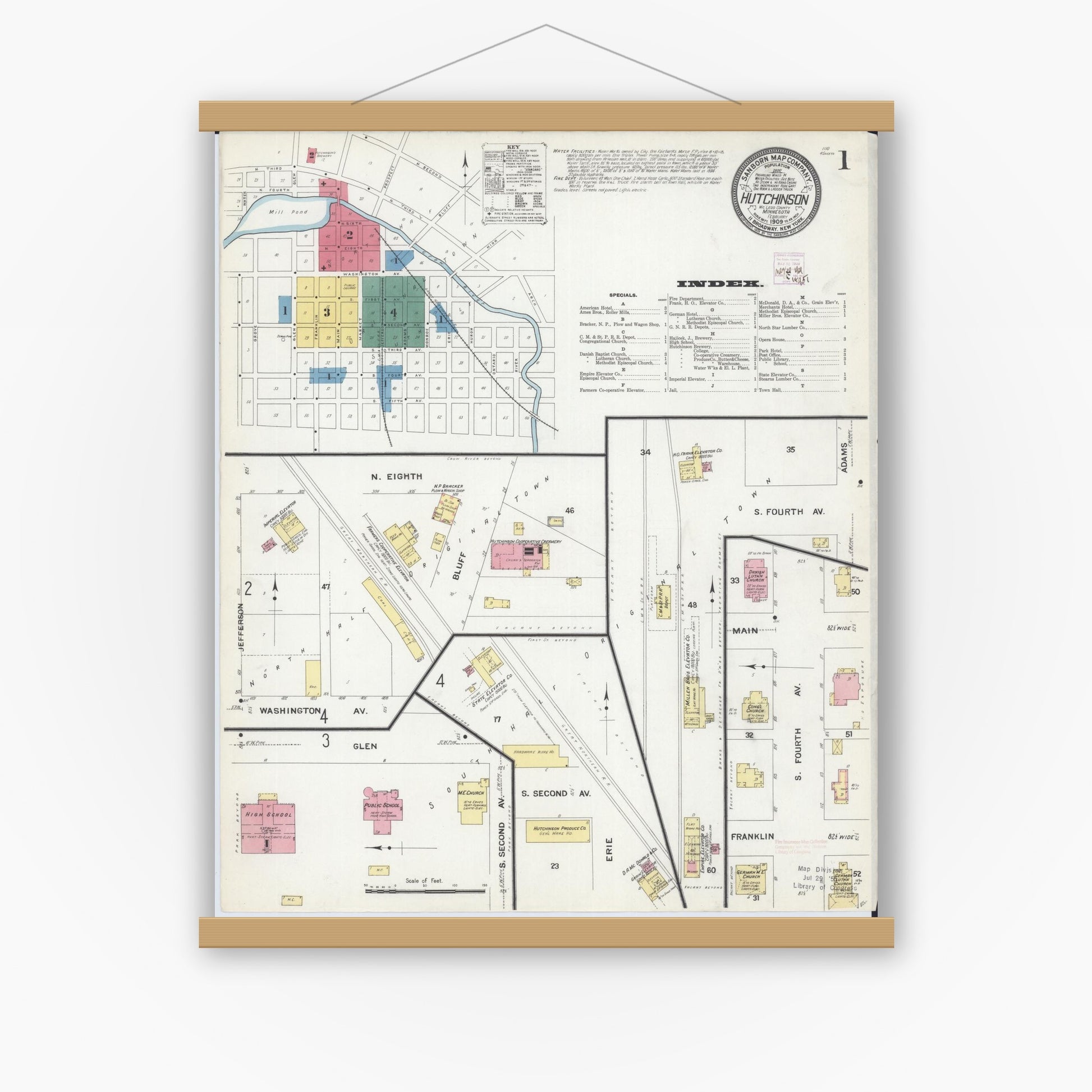 Old map wall art mockup — magnetic wood frame on white wall — Sanborn Fire Insurance Map from Hutchinson, Mcleod County, Minnesota (1909), Sheet #0001