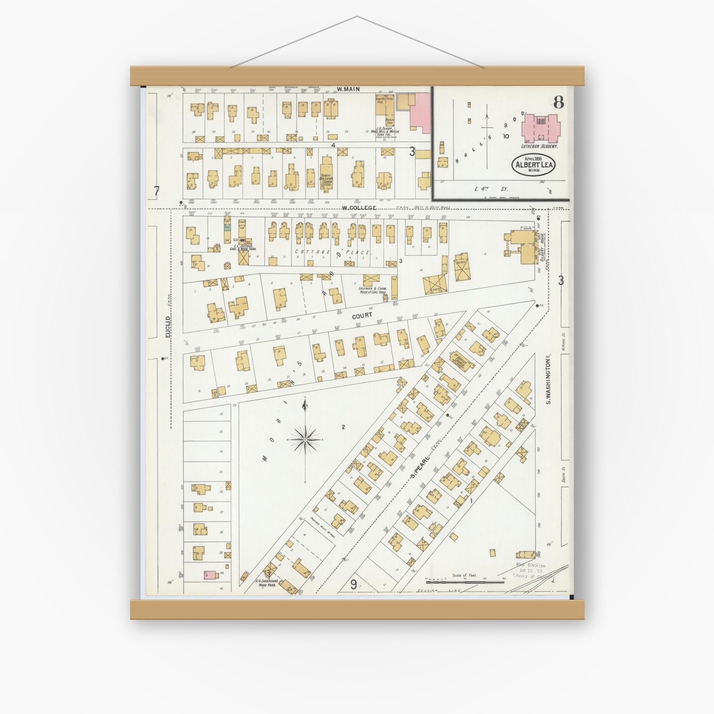 Old map wall art mockup — magnetic wood frame on white wall — Sanborn Fire Insurance Map from Albert Lea, Freeborn County, Minnesota (1899), Sheet #0008