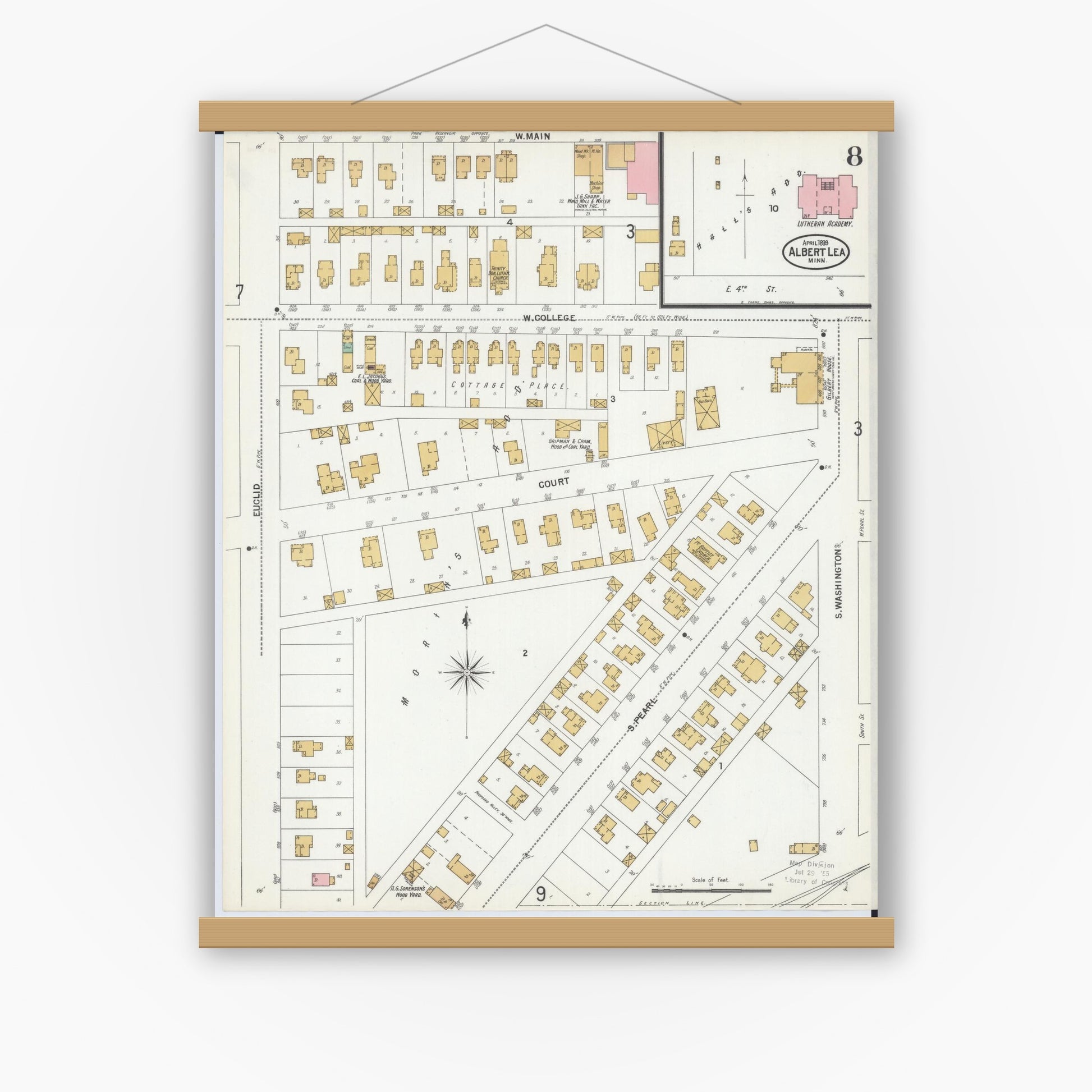 Old map wall art mockup — magnetic wood frame on white wall — Sanborn Fire Insurance Map from Albert Lea, Freeborn County, Minnesota (1899), Sheet #0008
