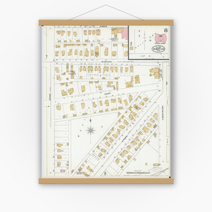Old map wall art mockup — magnetic wood frame on white wall — Sanborn Fire Insurance Map from Albert Lea, Freeborn County, Minnesota (1899), Sheet #0008