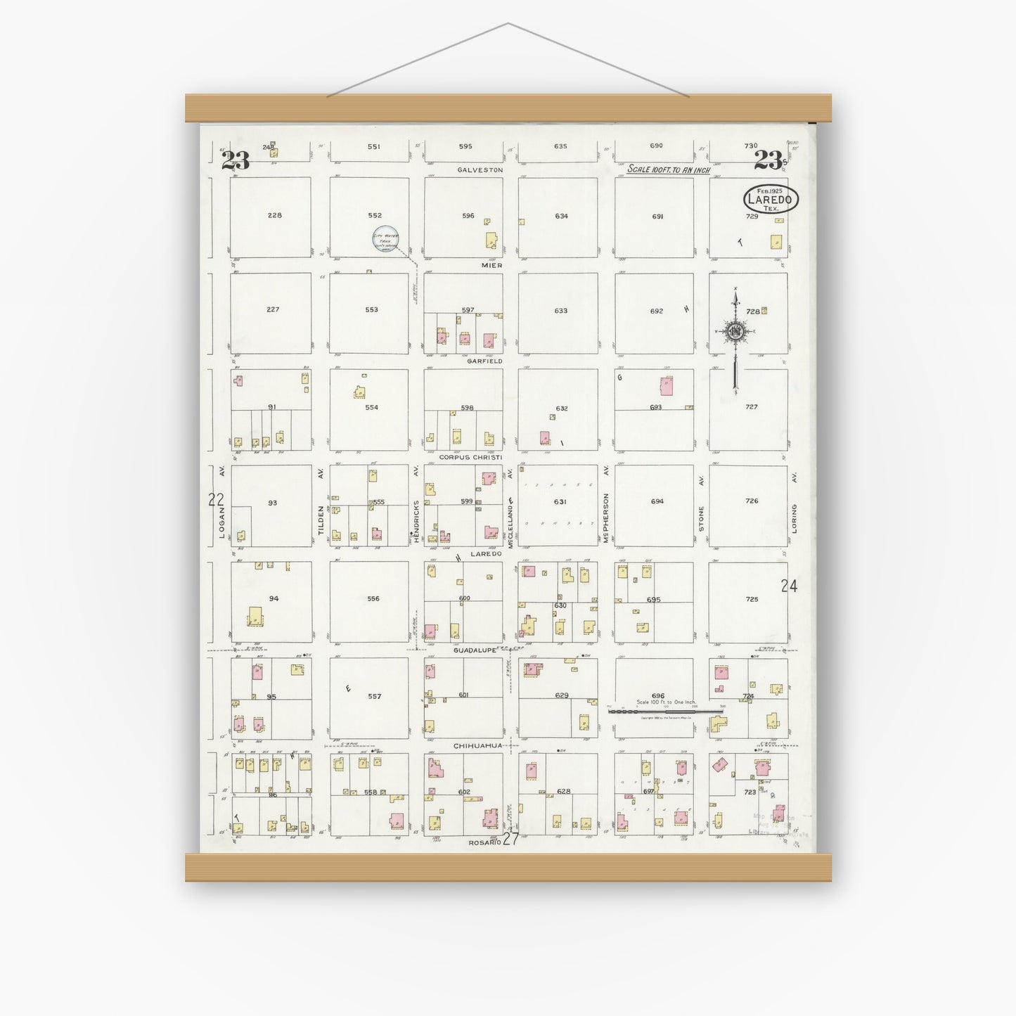 Old map wall art mockup — magnetic wood frame on white wall — Sanborn Fire Insurance Map from Laredo, Webb County, Texas (1925), Sheet #0023