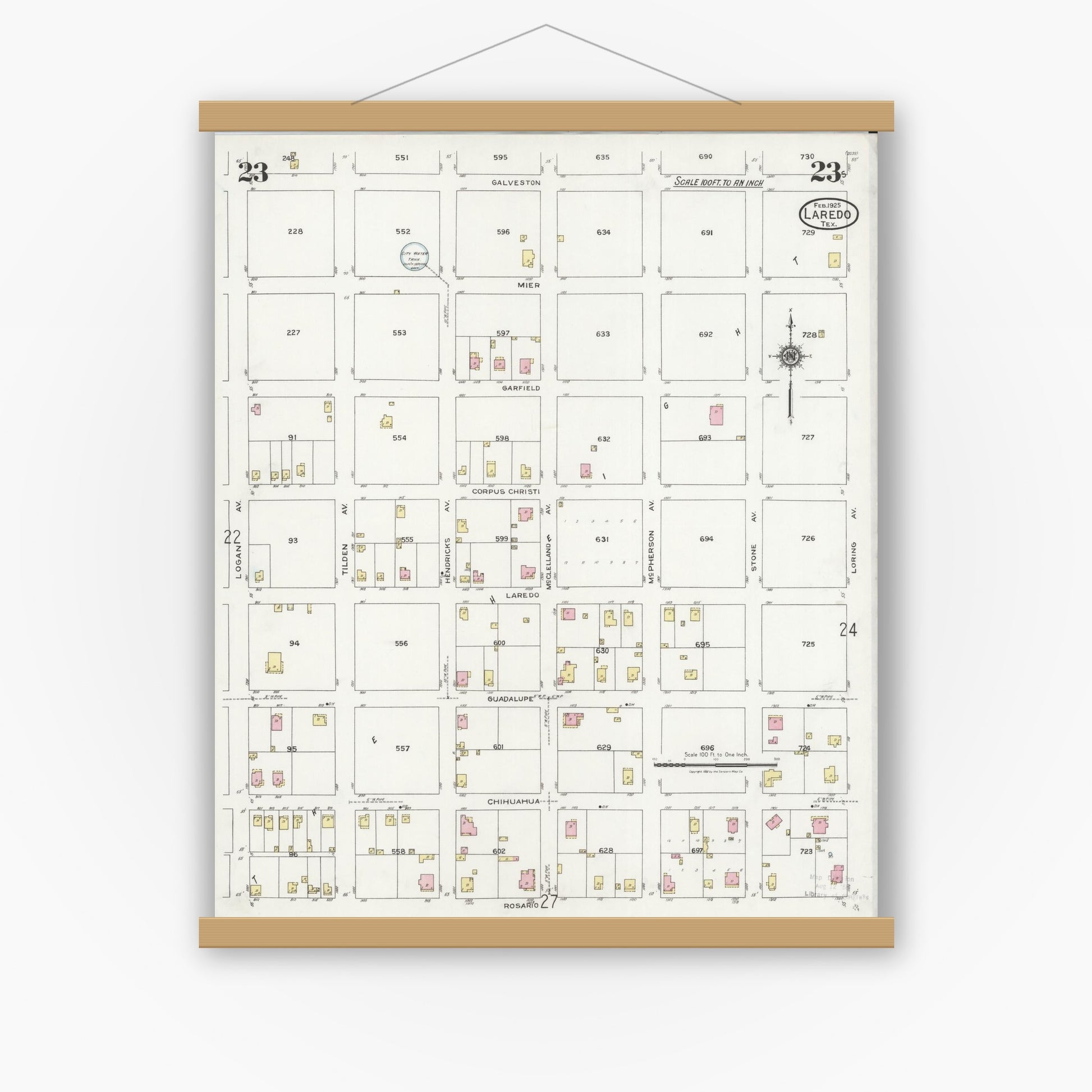 Old map wall art mockup — magnetic wood frame on white wall — Sanborn Fire Insurance Map from Laredo, Webb County, Texas (1925), Sheet #0023