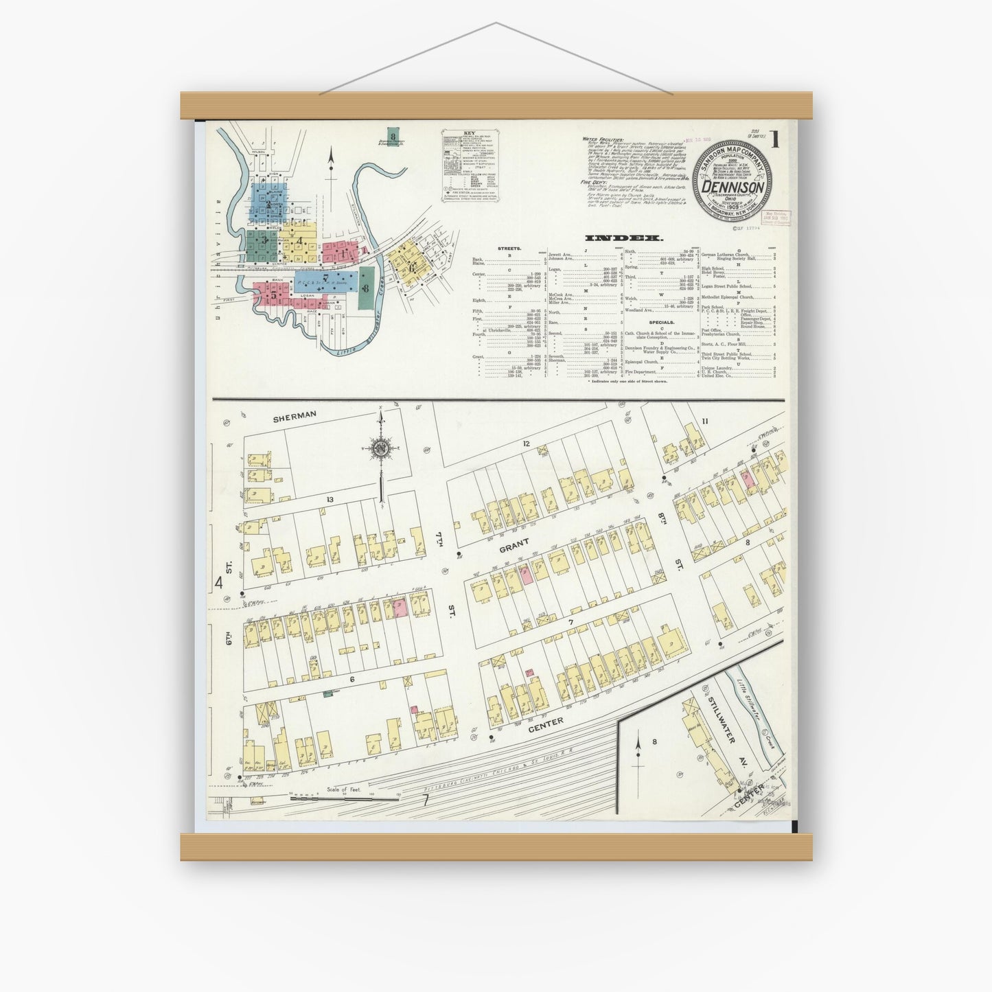 Old map wall art mockup — magnetic wood frame on white wall — Sanborn Fire Insurance Map from Dennison, Tuscarawas County, Ohio (1909), Sheet #0001