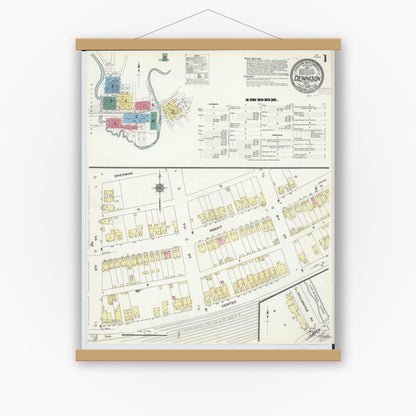 Old map wall art mockup — magnetic wood frame on white wall — Sanborn Fire Insurance Map from Dennison, Tuscarawas County, Ohio (1909), Sheet #0001
