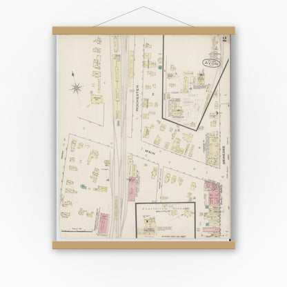 Old map wall art mockup — magnetic wood frame on white wall — Sanborn Fire Insurance Map from Avon, Livingston County, New York (1885), Sheet #0002