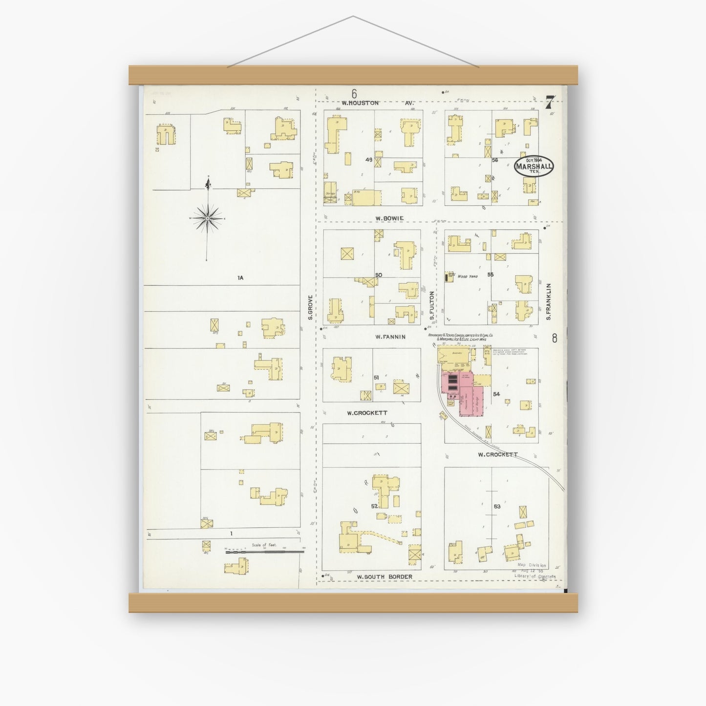 Old map wall art mockup — magnetic wood frame on white wall — Sanborn Fire Insurance Map from Marshall, Harrison County, Texas (1904), Sheet #0007
