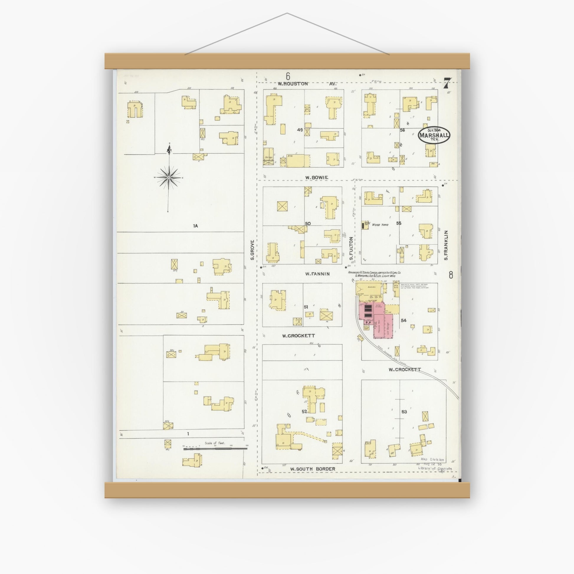 Old map wall art mockup — magnetic wood frame on white wall — Sanborn Fire Insurance Map from Marshall, Harrison County, Texas (1904), Sheet #0007