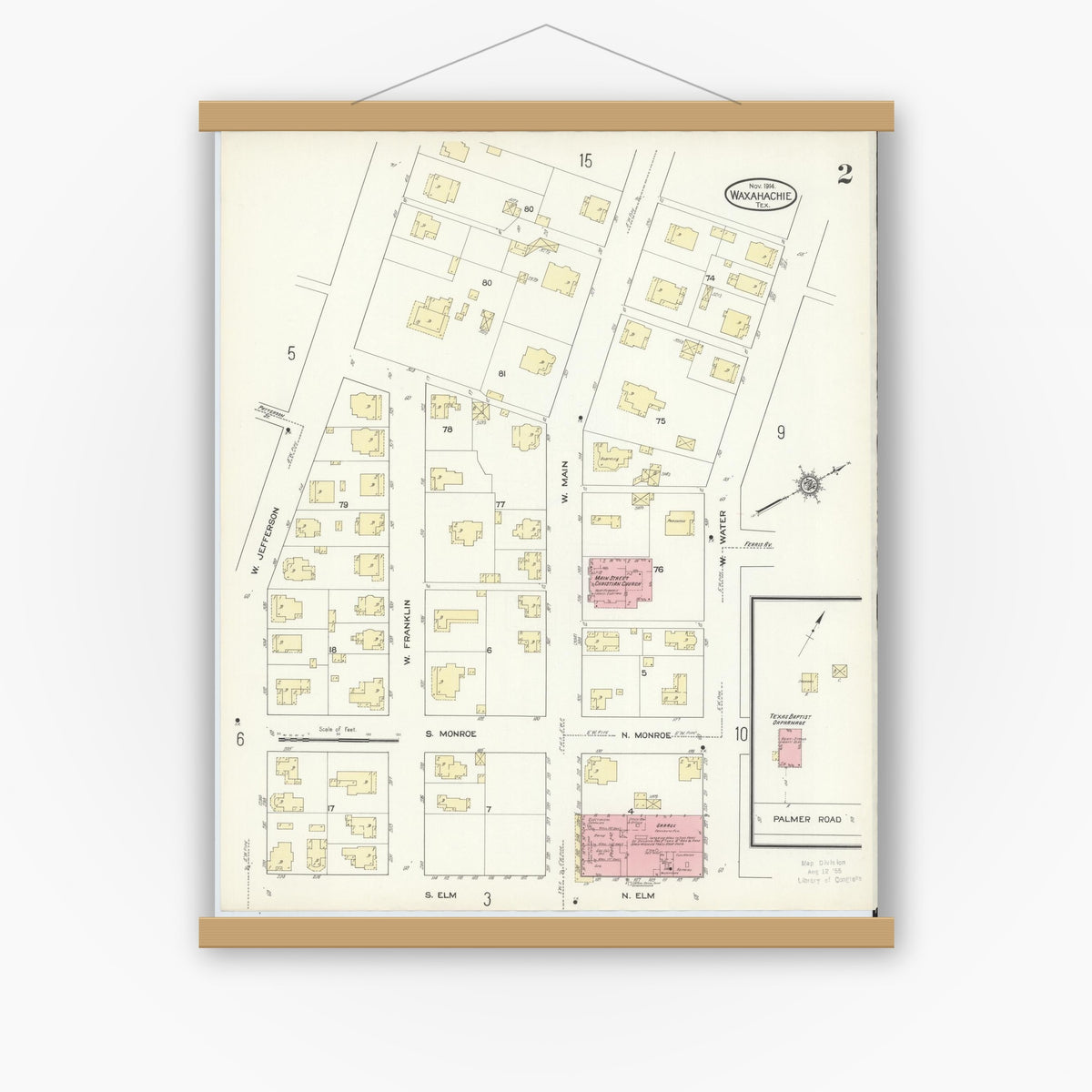 Old map wall art mockup — magnetic wood frame on white wall — Sanborn Fire Insurance Map from Waxahachie, Ellis County, Texas (1914), Sheet #0002