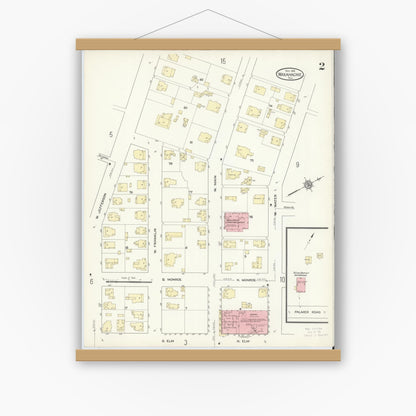 Old map wall art mockup — magnetic wood frame on white wall — Sanborn Fire Insurance Map from Waxahachie, Ellis County, Texas (1914), Sheet #0002