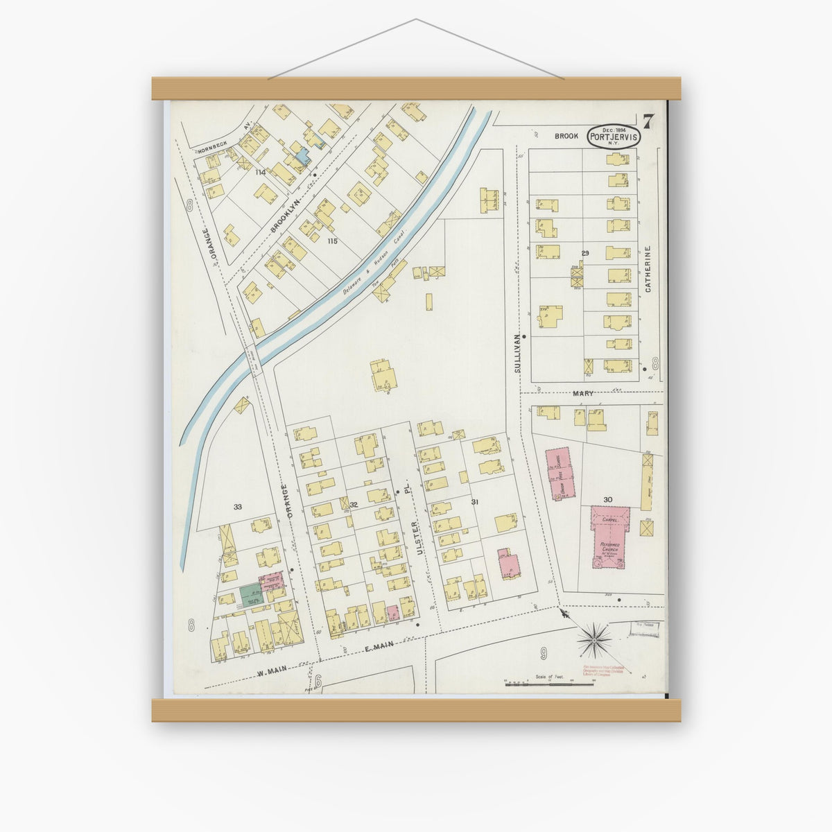 Old map wall art mockup — magnetic wood frame on white wall — Sanborn Fire Insurance Map from Port Jervis, Orange County, New York (1894), Sheet #0007