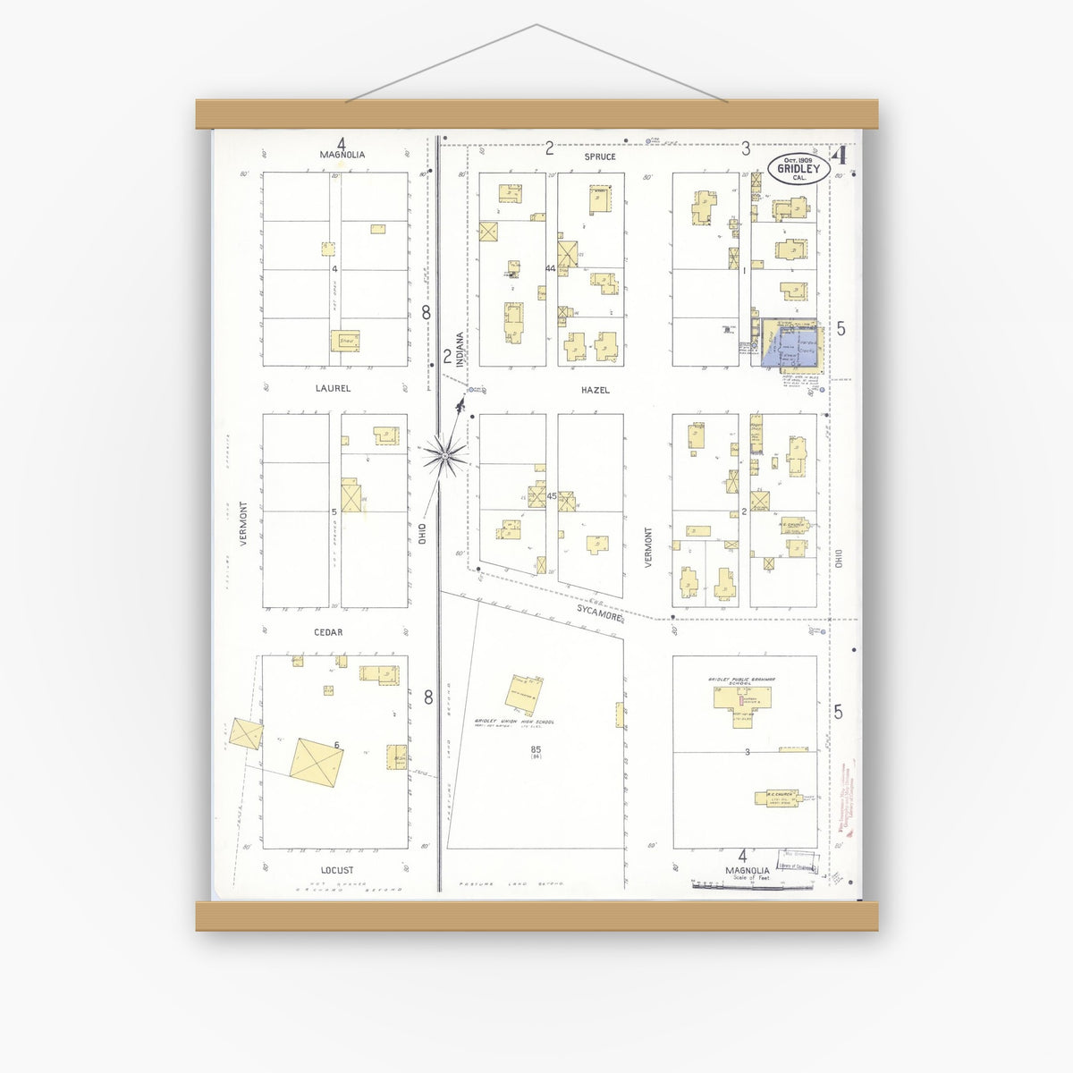 Old map wall art mockup — magnetic wood frame on white wall — Sanborn Fire Insurance Map from Gridley, Butte County, California (1909), Sheet #0003