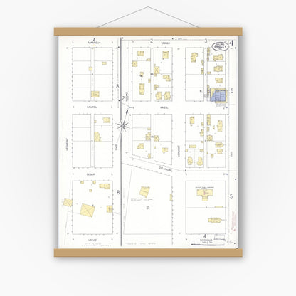 Old map wall art mockup — magnetic wood frame on white wall — Sanborn Fire Insurance Map from Gridley, Butte County, California (1909), Sheet #0003