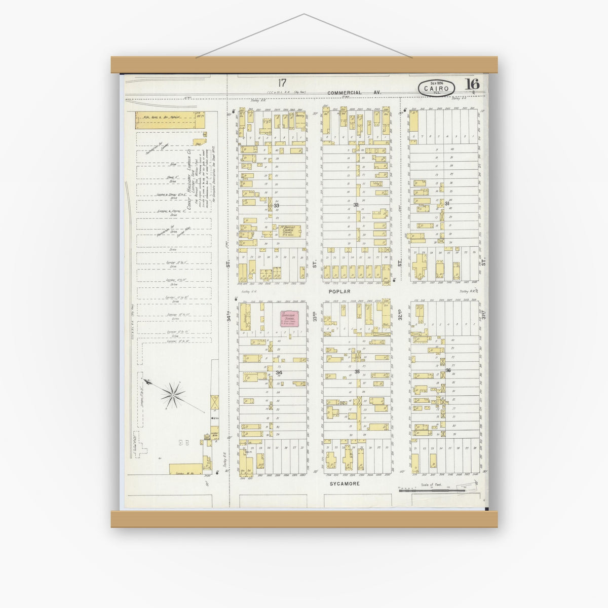 Old map wall art mockup — magnetic wood frame on white wall — Sanborn Fire Insurance Map from Cairo, Alexander County, Illinois (1896), Sheet #0016