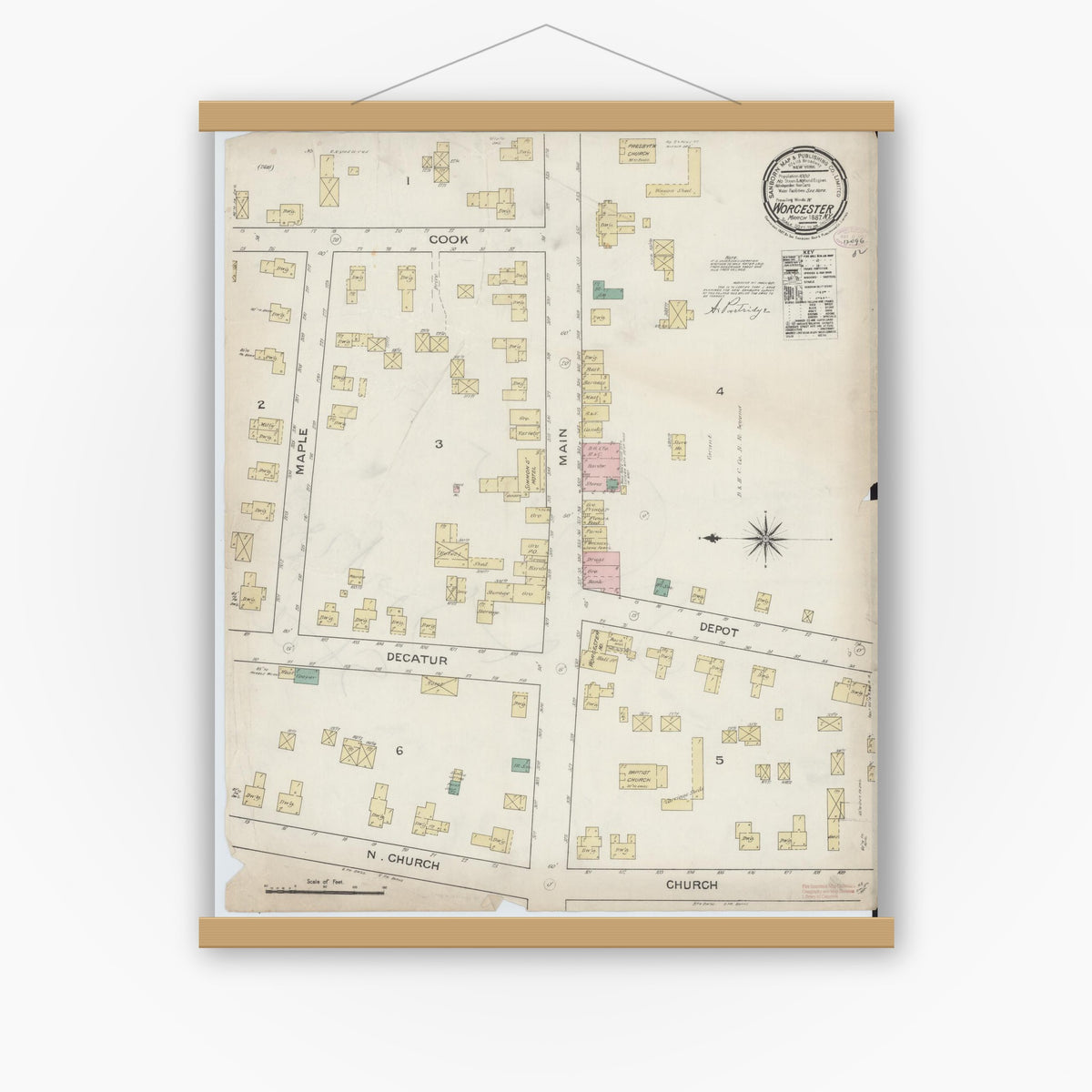 Old map wall art mockup — magnetic wood frame on white wall — Sanborn Fire Insurance Map from Worcester, Otsego County, New York (1887), Sheet #0001