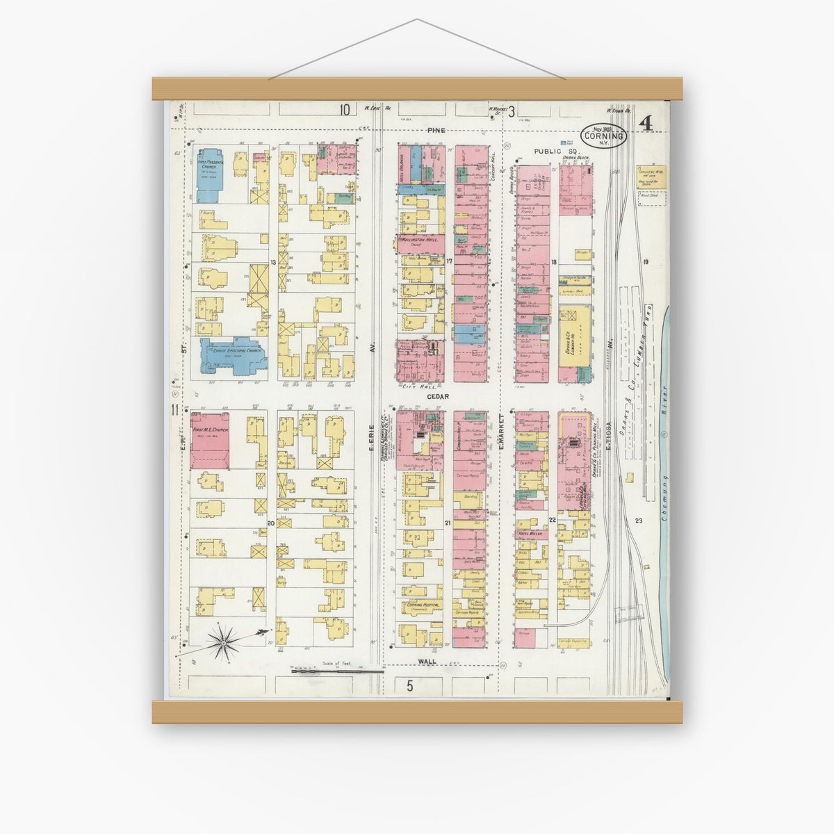 Old map wall art mockup — magnetic wood frame on white wall — Sanborn Fire Insurance Map from Corning, Steuben County, New York (1903), Sheet #0004