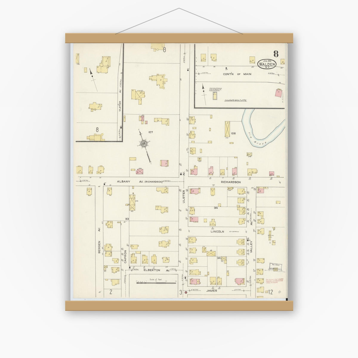 Old map wall art mockup — magnetic wood frame on white wall — Sanborn Fire Insurance Map from Walden, Orange County, New York (1913), Sheet #0008