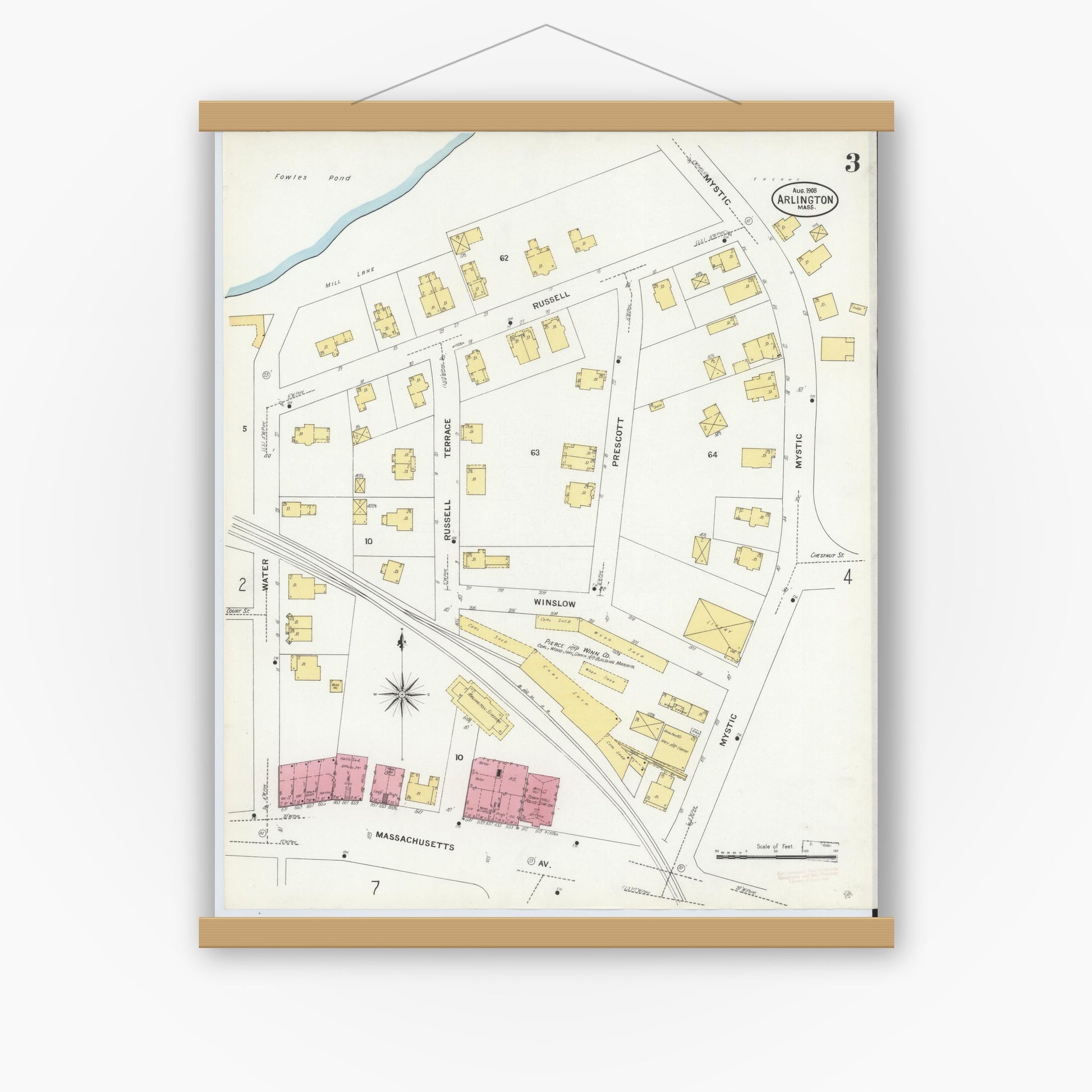 Old map wall art mockup — magnetic wood frame on white wall — Sanborn Fire Insurance Map from Arlington, Middlesex County, Massachusetts (1908), Sheet #0003
