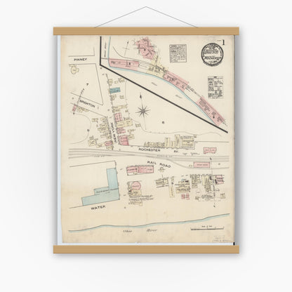 Old map wall art mockup — magnetic wood frame on white wall — Sanborn Fire Insurance Map from Rochester, Beaver County, Pennsylvania (1884), Sheet #0001