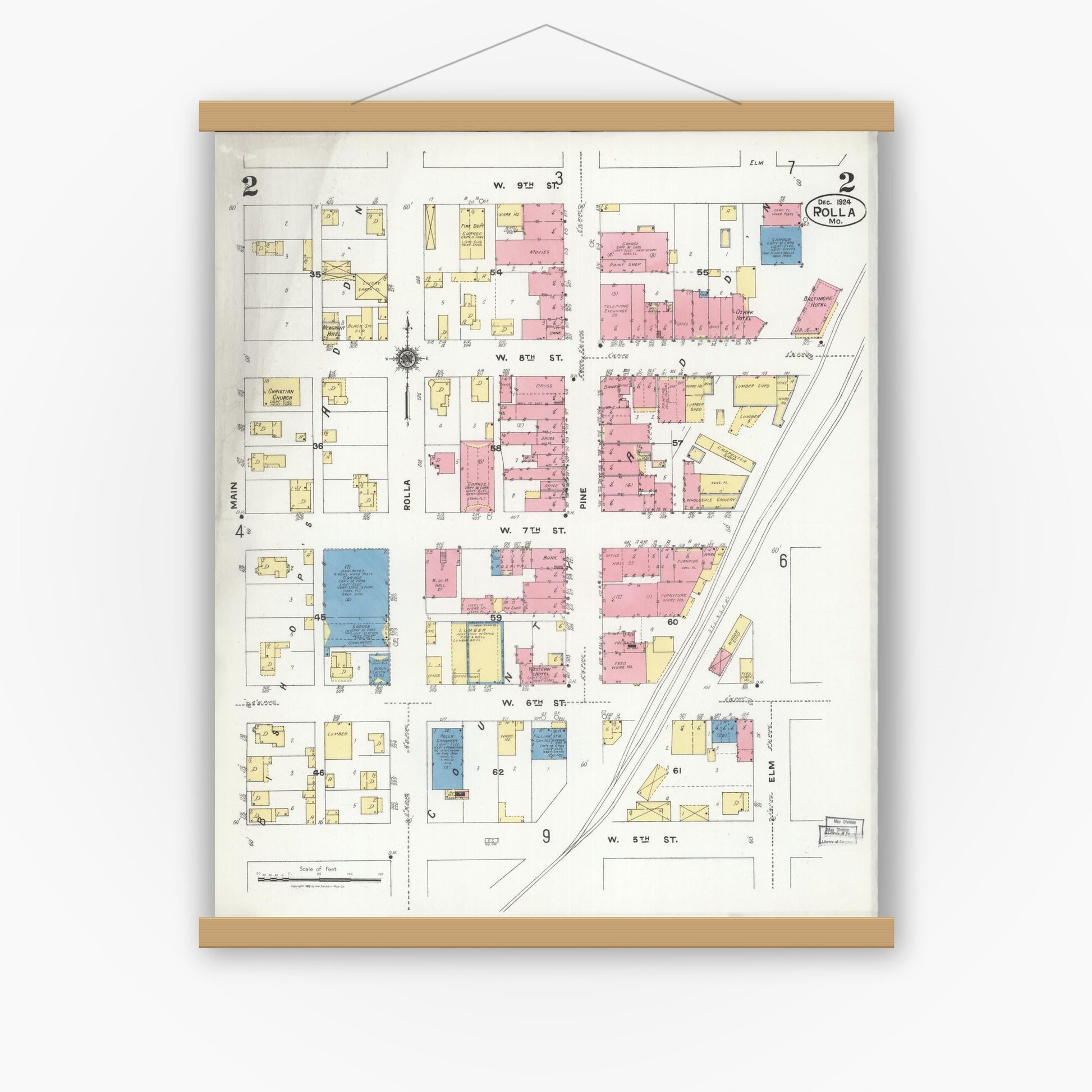 Old map wall art mockup — magnetic wood frame on white wall — Sanborn Fire Insurance Map from Rolla, Phelps County, Missouri (1924), Sheet #0002